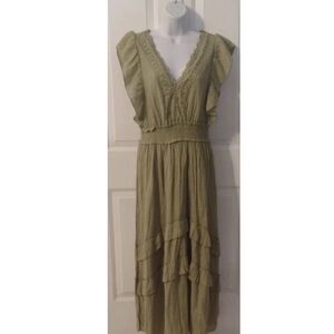 Kings Road- Flutter Sleeve Sage Green Maxi Dress with Smocked Waist